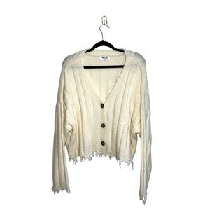 Double Zero Cream Thick Knit Ribbed Fray Hem Cardigan Sweater Medium Women’s